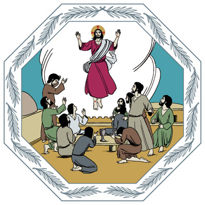 Helatorstain kuva kirkkokäsikirjasta: Jeesus nousee taivaisiin.